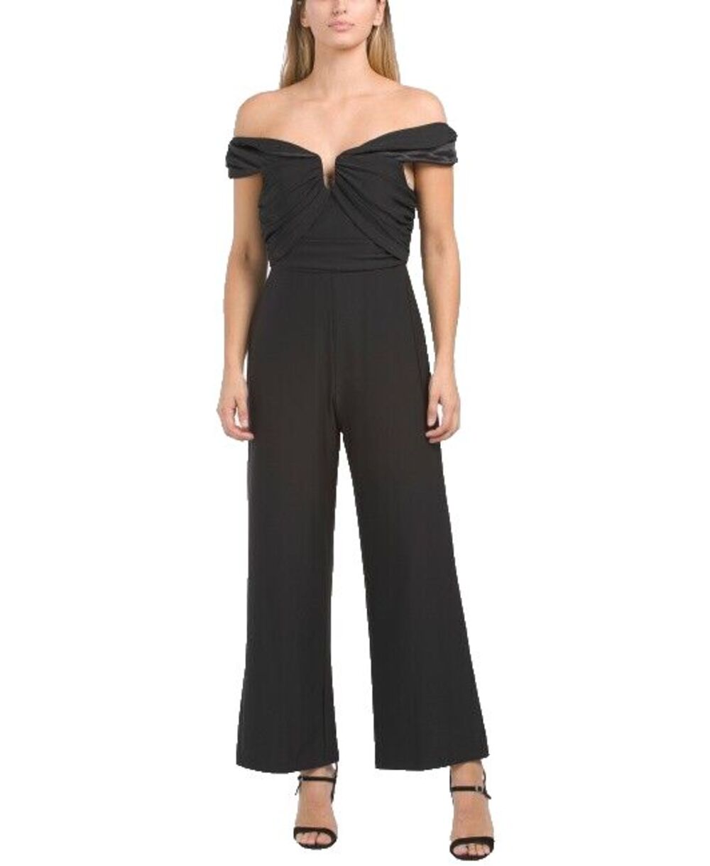 Nicole Miller Women's Off-Shoulder Wide-leg Ruched Jumpsuit Size 14 Black NWT